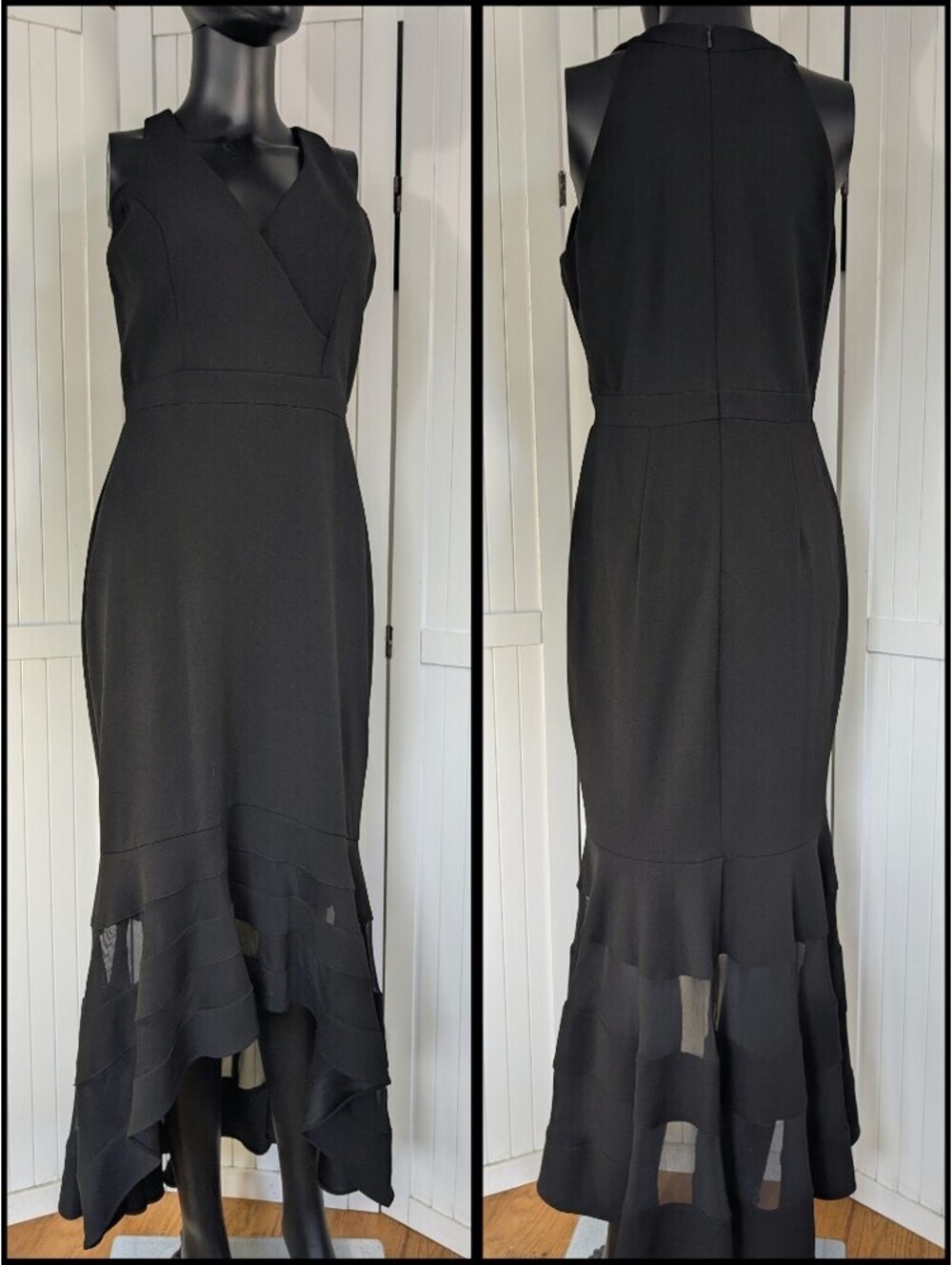 NWT X by Xscape Dress 8 Black High Low Ruffle Illusion Formal Gown $179